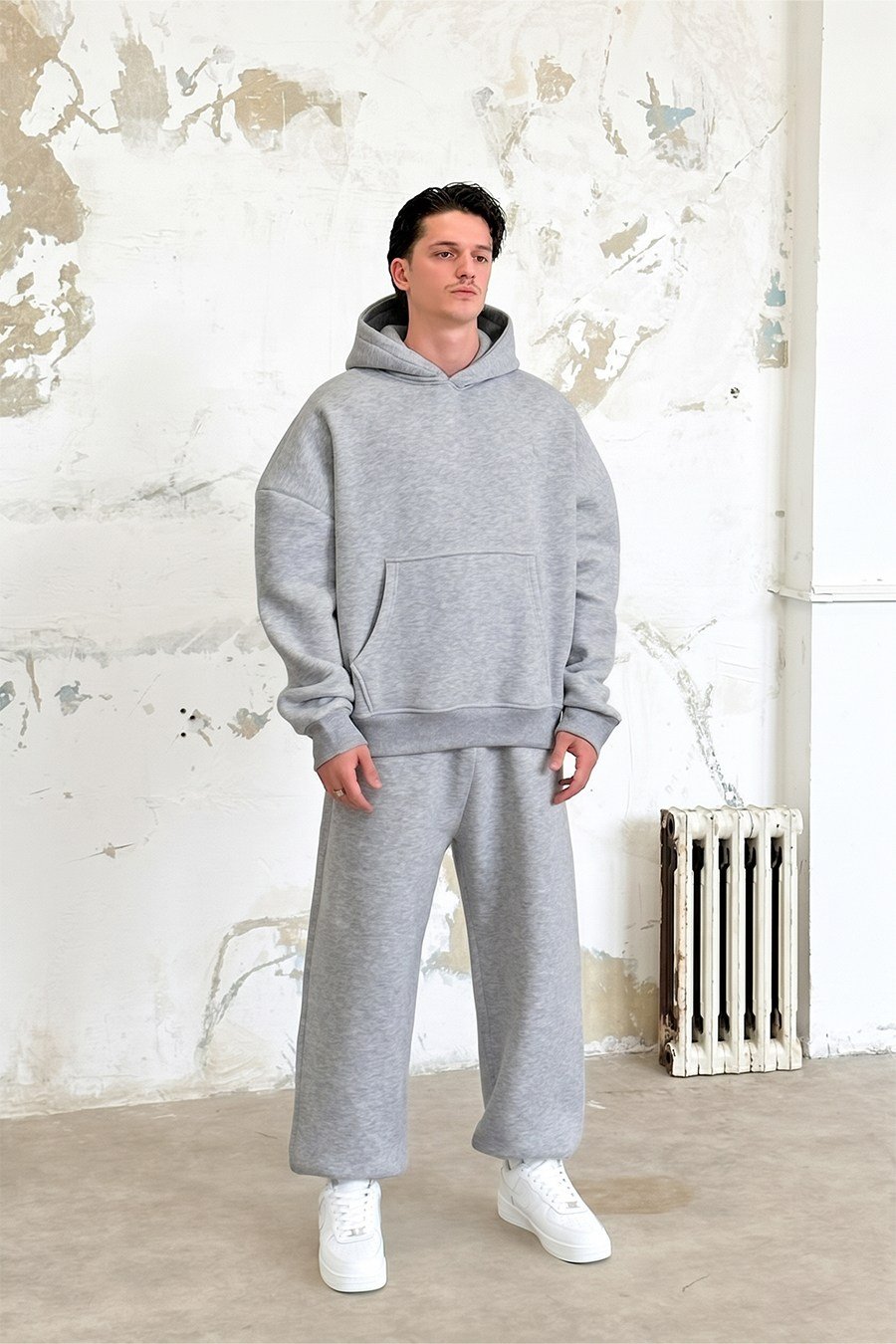 Gri Melanj Cozy Basic Kanguru Oversize Eşofman Takımı