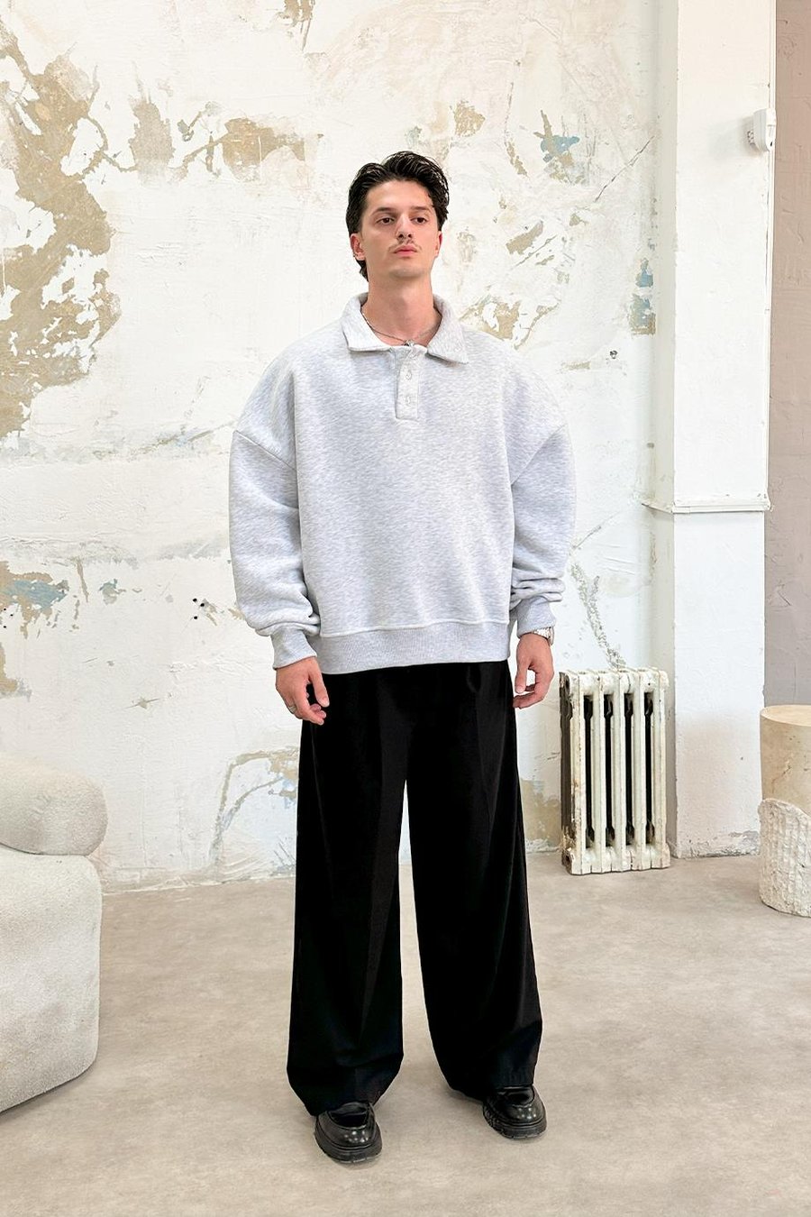 Gri Melanj Cozy Basic Oversize Polo Yaka Sweatshirt