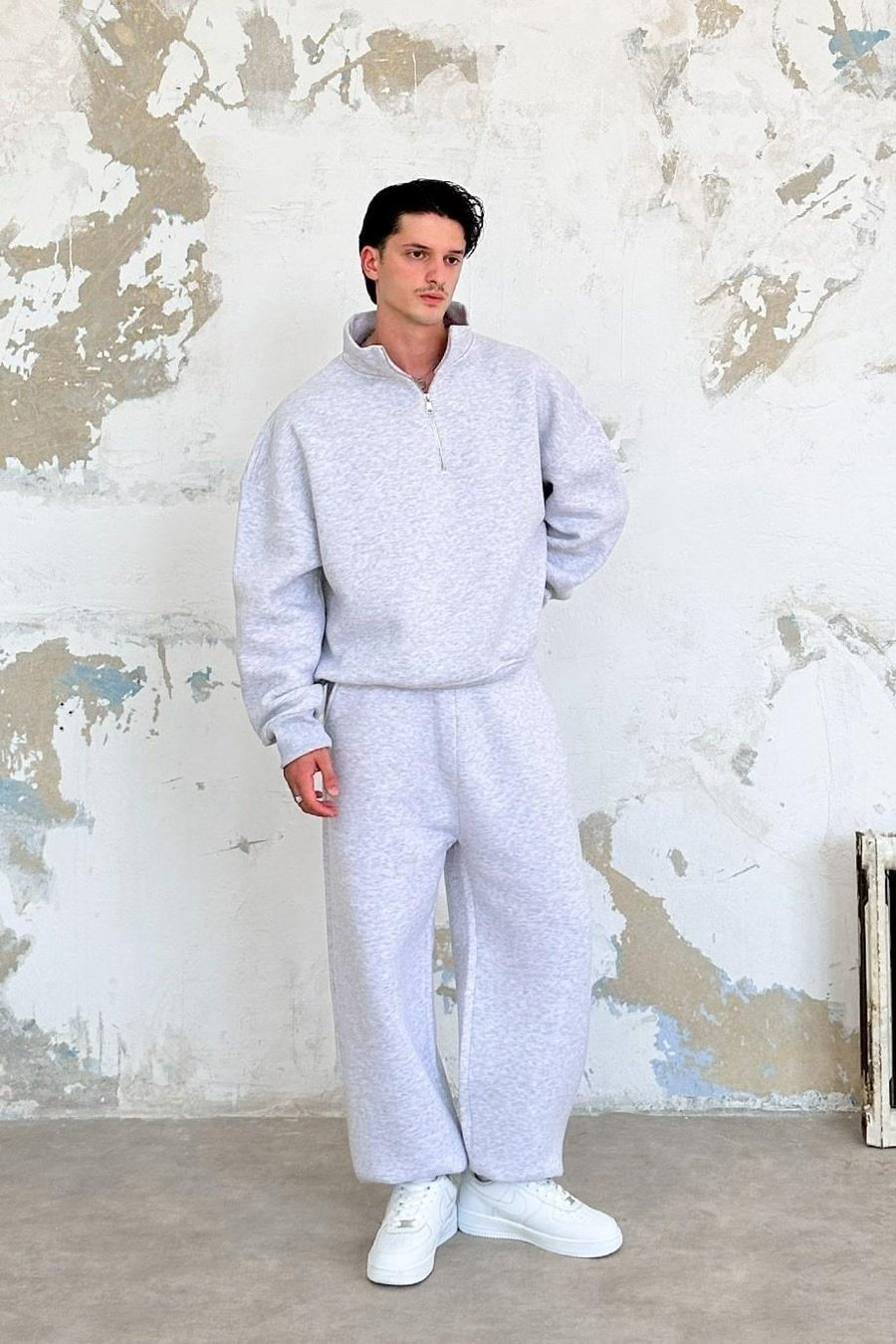 Gri Melanj Cozy Basic Yarım Fermuar Oversize Sweatshirt