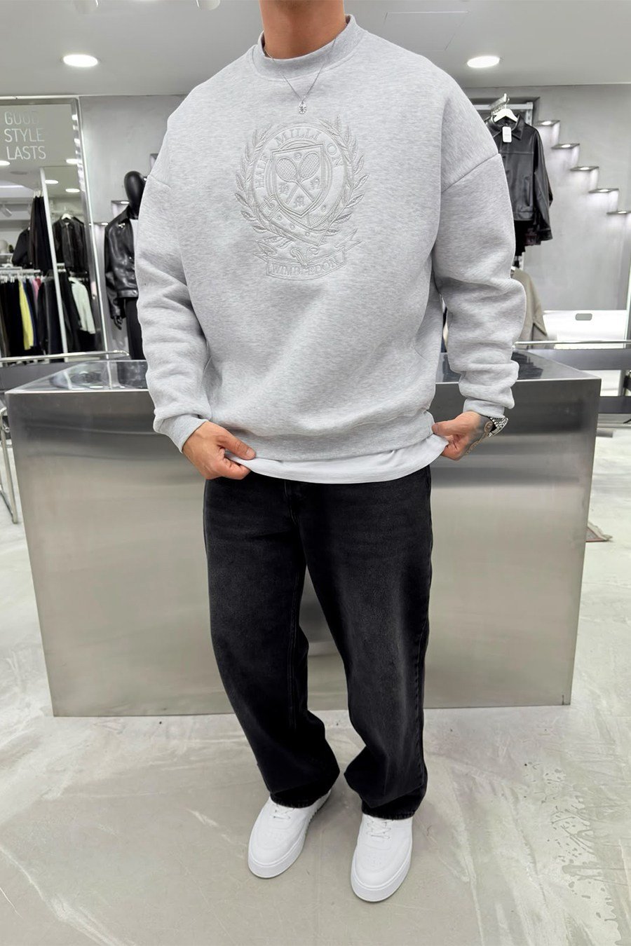 Gri Melanj Half Nakışlı Oversize Sweatshirt
