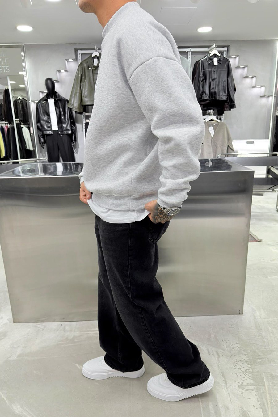 Gri Melanj Half Nakışlı Oversize Sweatshirt