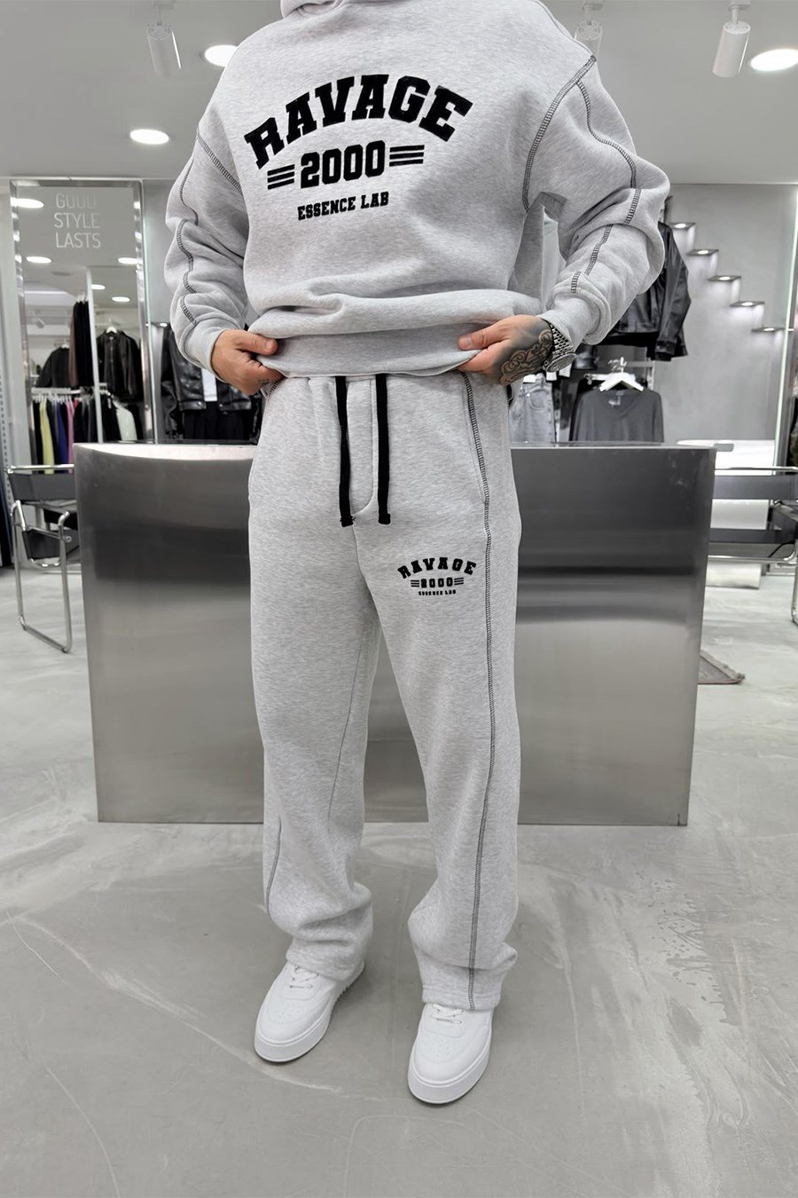 Gri Melanj Ravage Nakışlı Oversize Eşofman Takımı