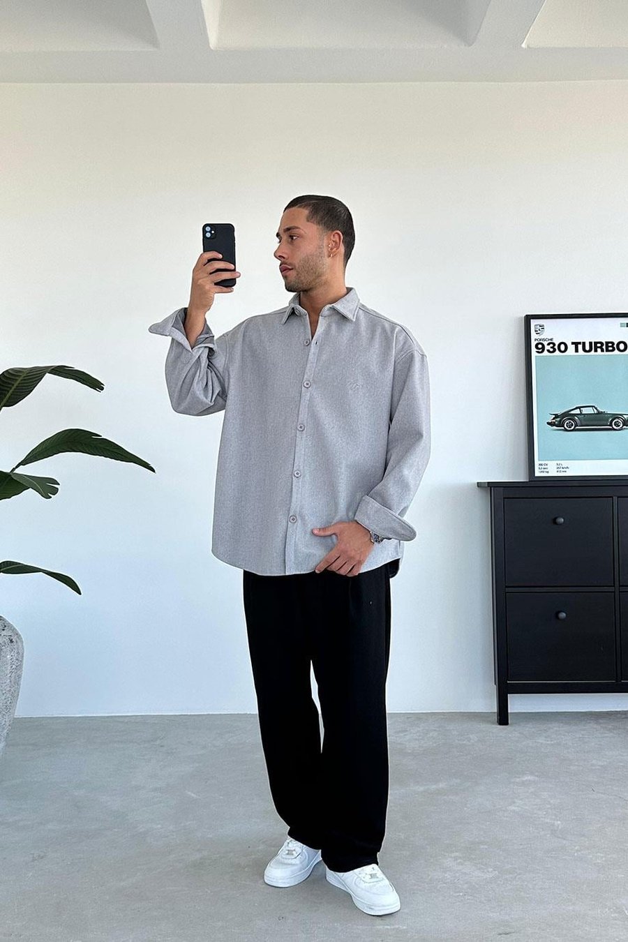 GRİ Nakış Detaylı Oversize Kaşe Gömlek