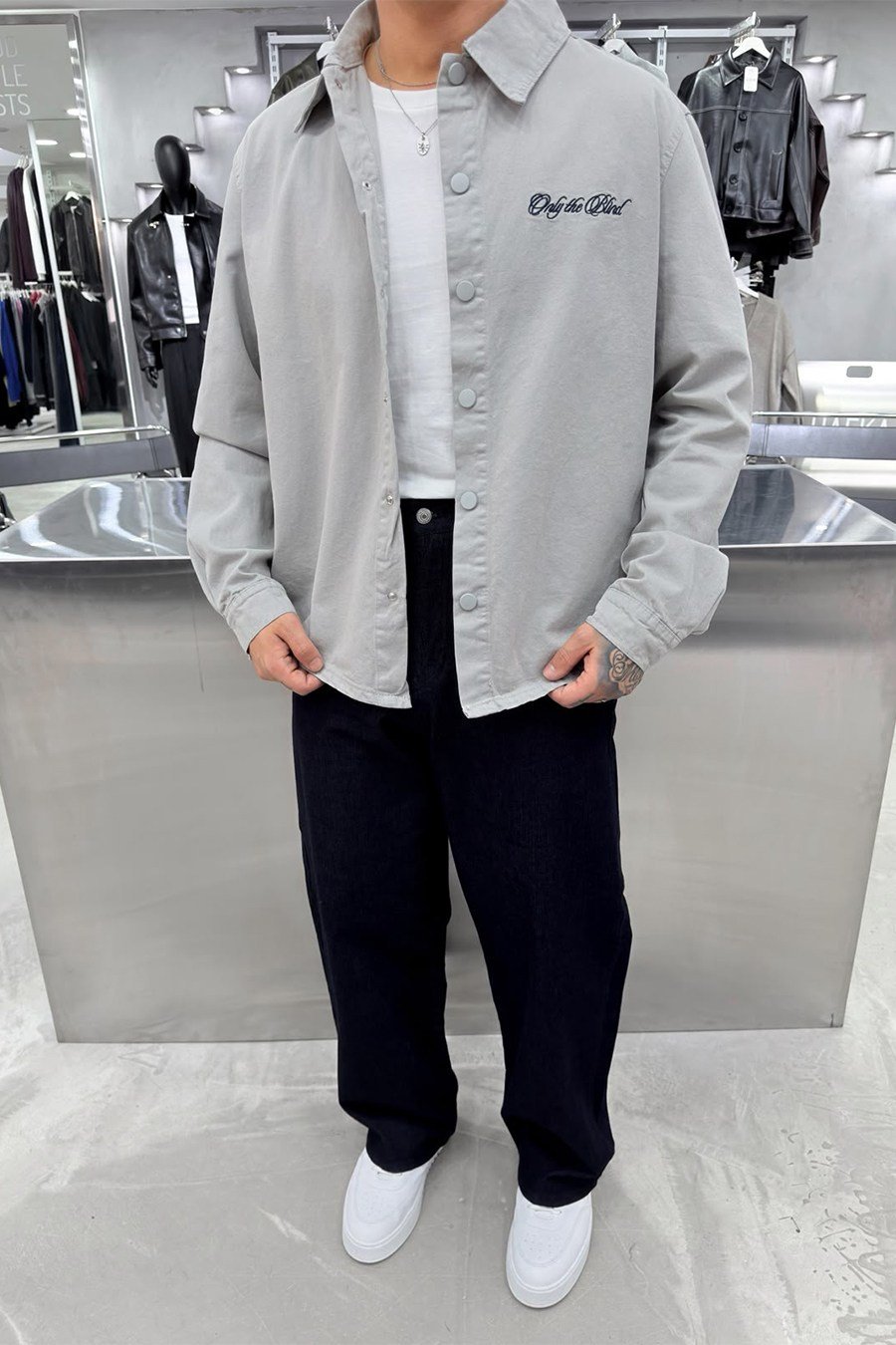 Gri Only Nakışlı Gabardin Oversize Ceket