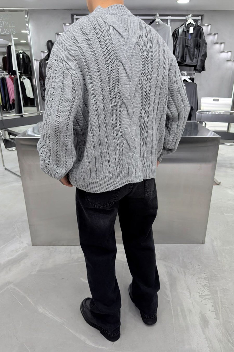 Gri Örgü Desen Oversize Triko Kazak