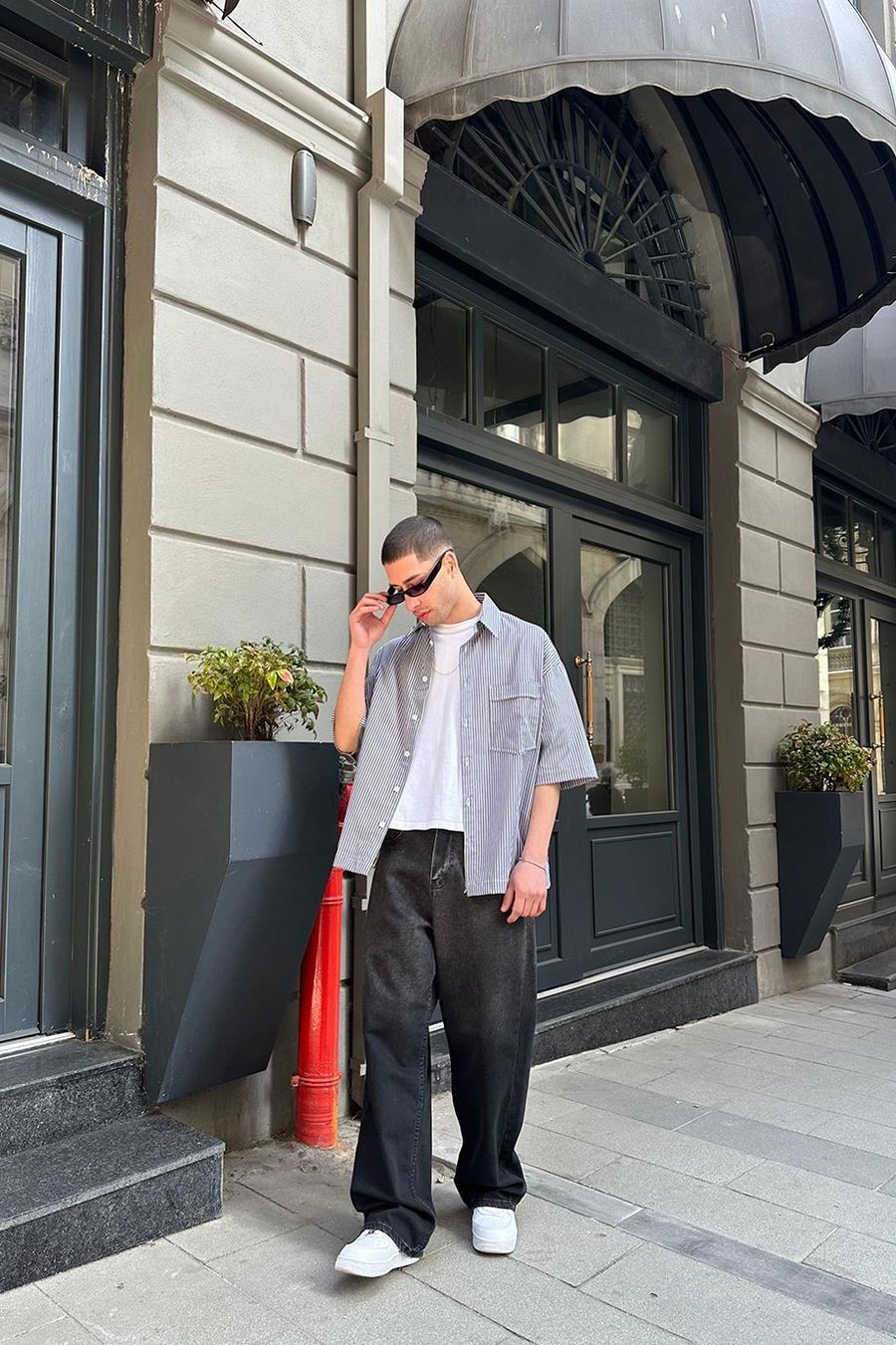 GRİ Şerit Detay Ön Cepli 07 PH Oversize Gömlek