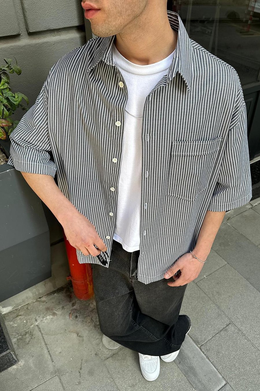 GRİ Şerit Detay Ön Cepli 07 PH Oversize Gömlek