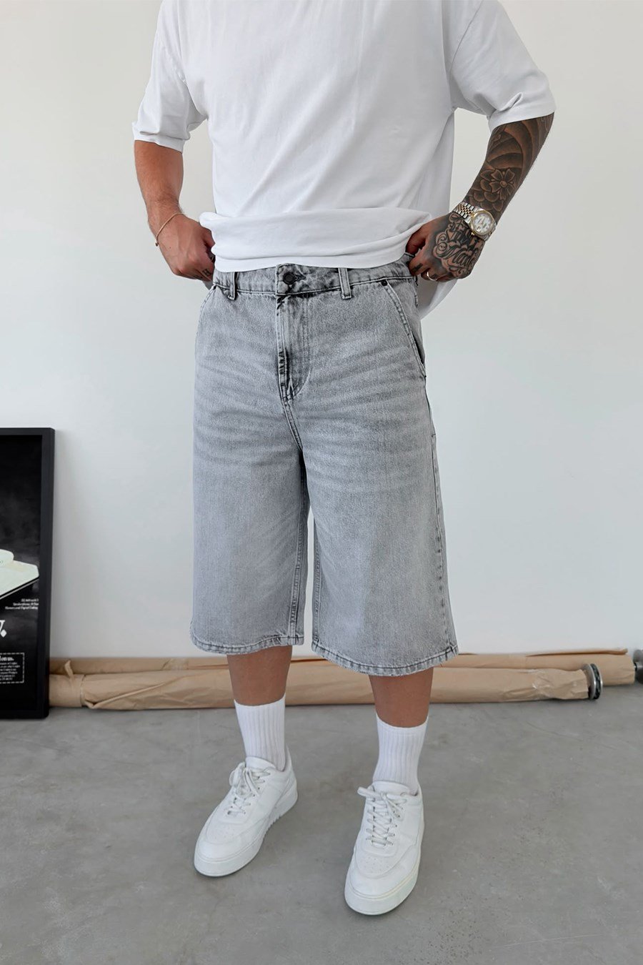 Gri Skater Fit Yıkamalı Bermuda Kot Şort