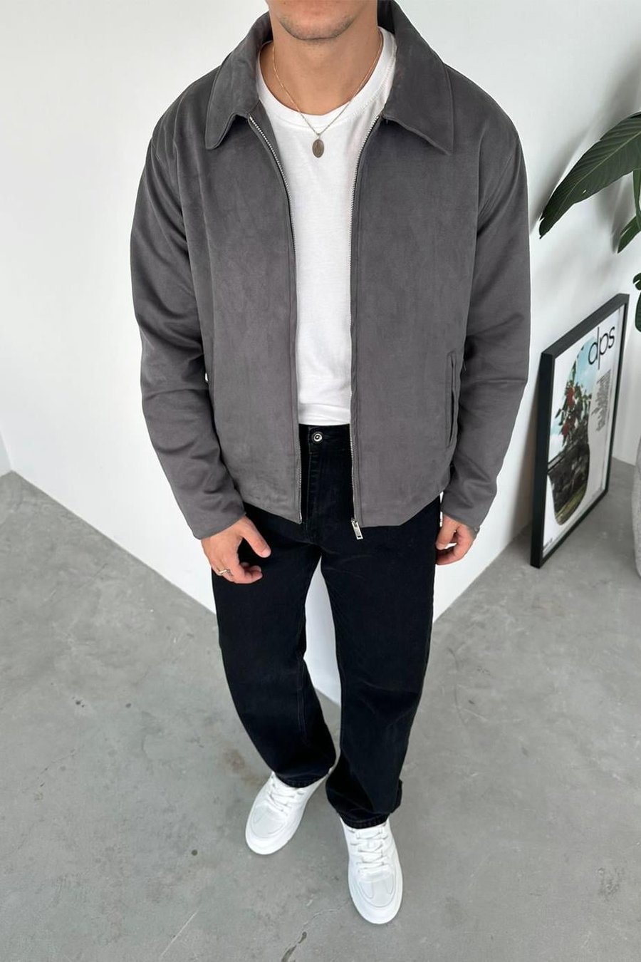 Gri Süet Kumaş Basic Relaxed Ceket
