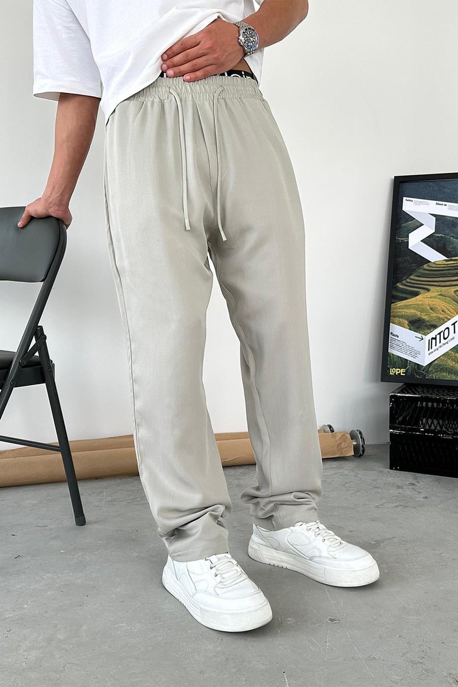 Gri Tensel Kumaş Basic Baggy Pantolon
