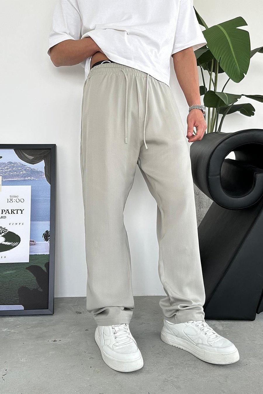 Gri Tensel Kumaş Basic Baggy Pantolon