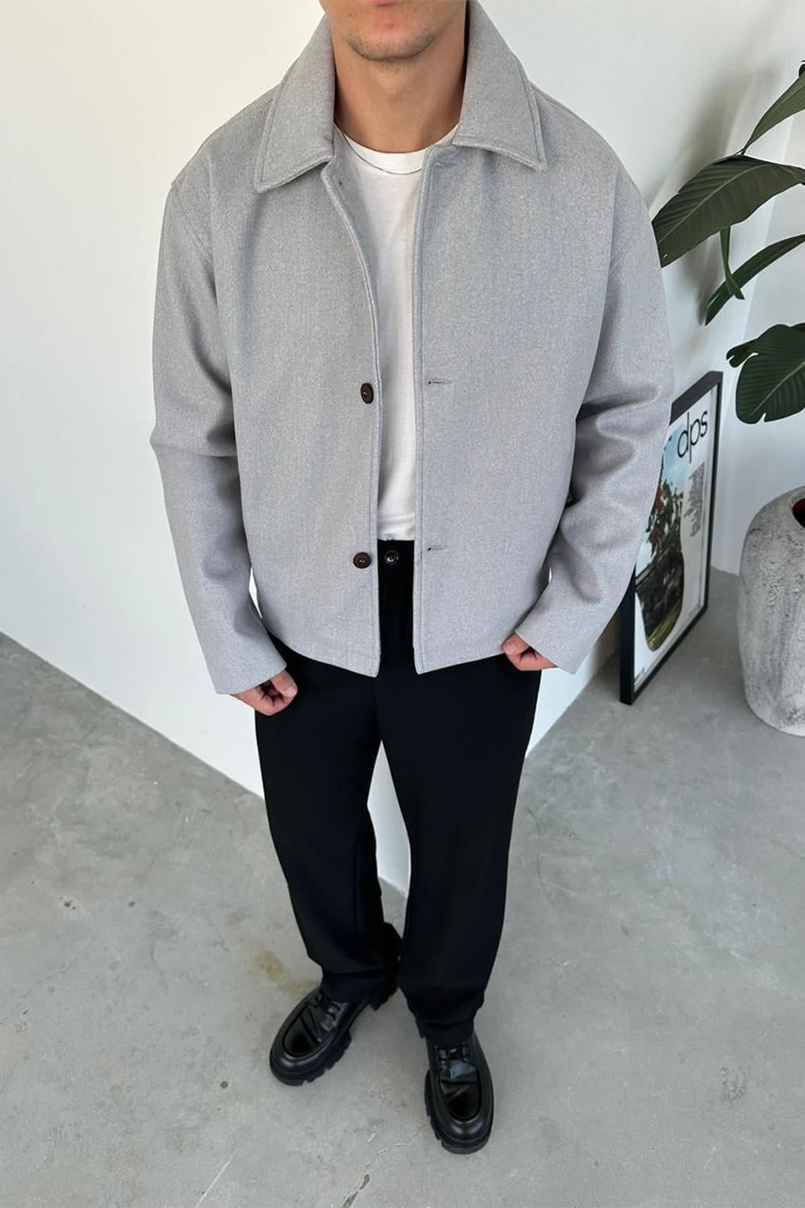 Gri Wool Blend Relaxed Ceket