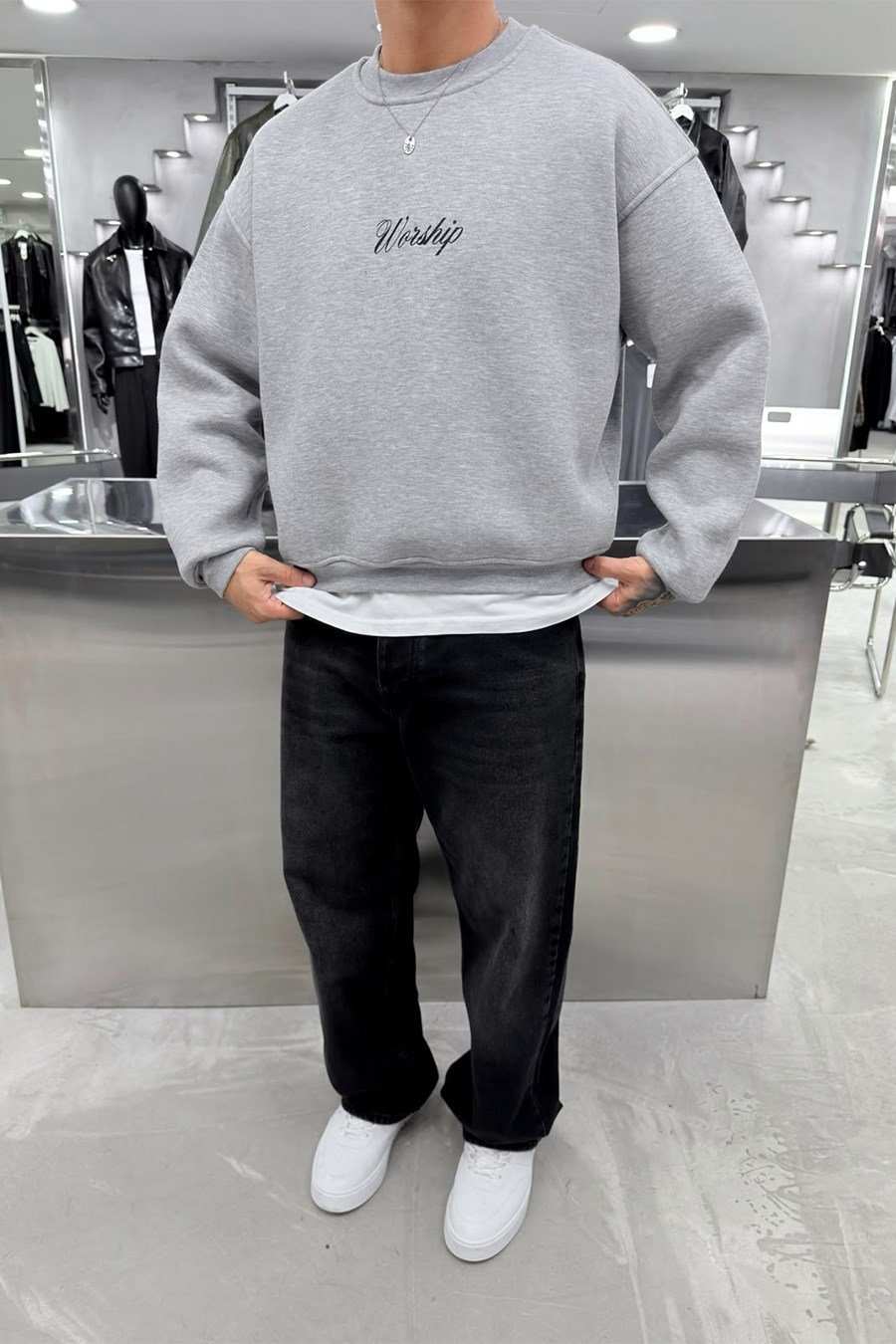 Gri Workship Baskılı Boxy Fit Sweatshirt