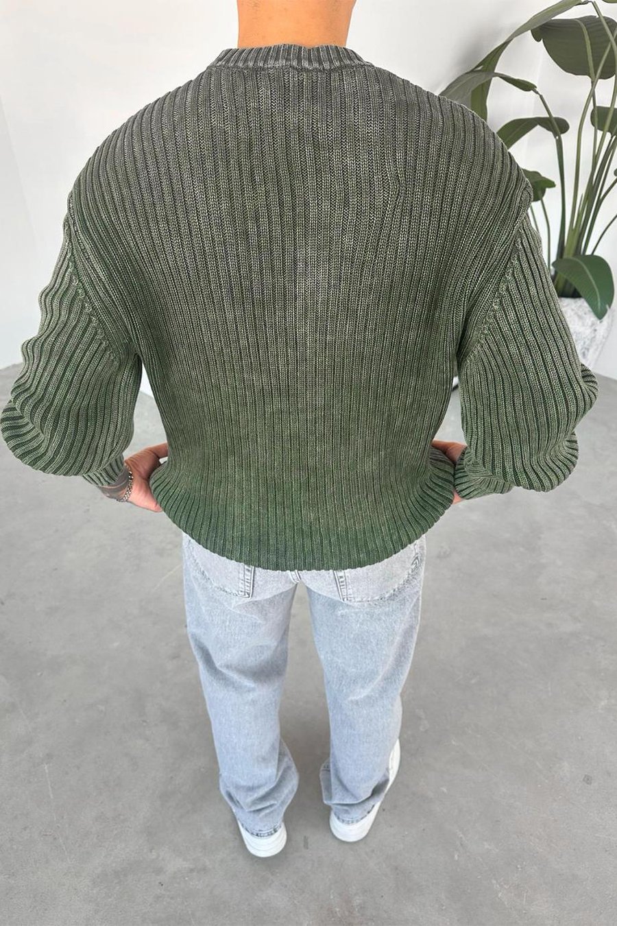 Haki Acid Wash Fitilli Oversize Triko Kazak