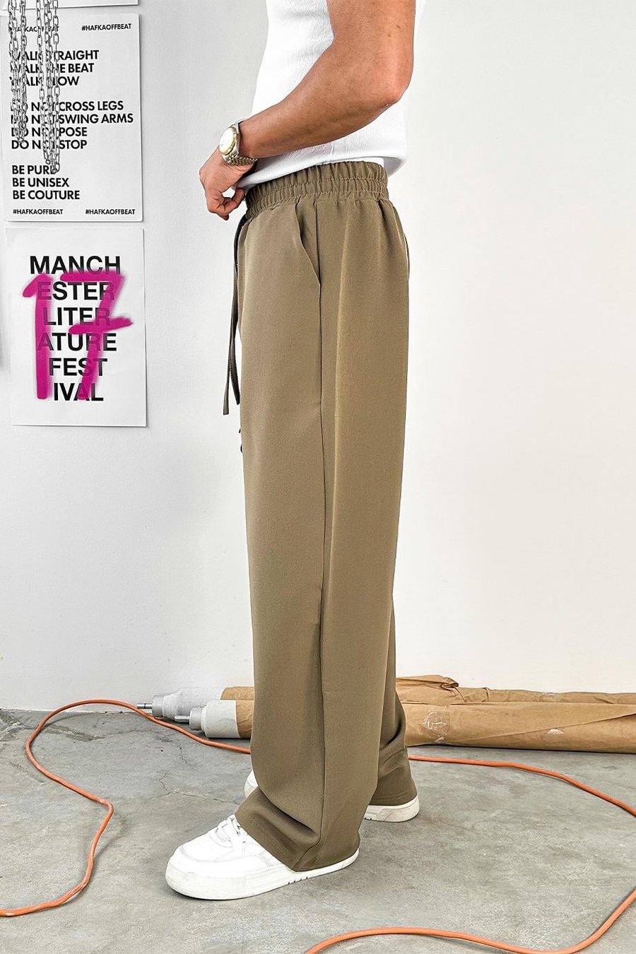 Haki Basic Beli Lastikli Baggy Kumaş Pantolon