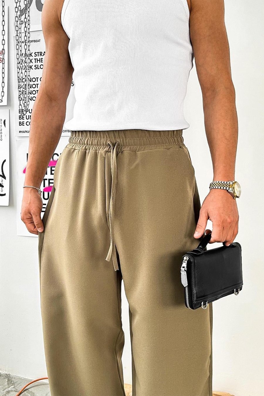 Haki Basic Beli Lastikli Baggy Kumaş Pantolon