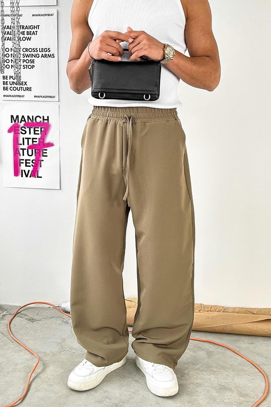 Haki Basic Beli Lastikli Baggy Kumaş Pantolon