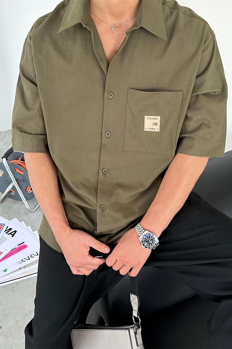 Haki Basic Cep Patch Detay Kısa Kollu Oversize Gömlek