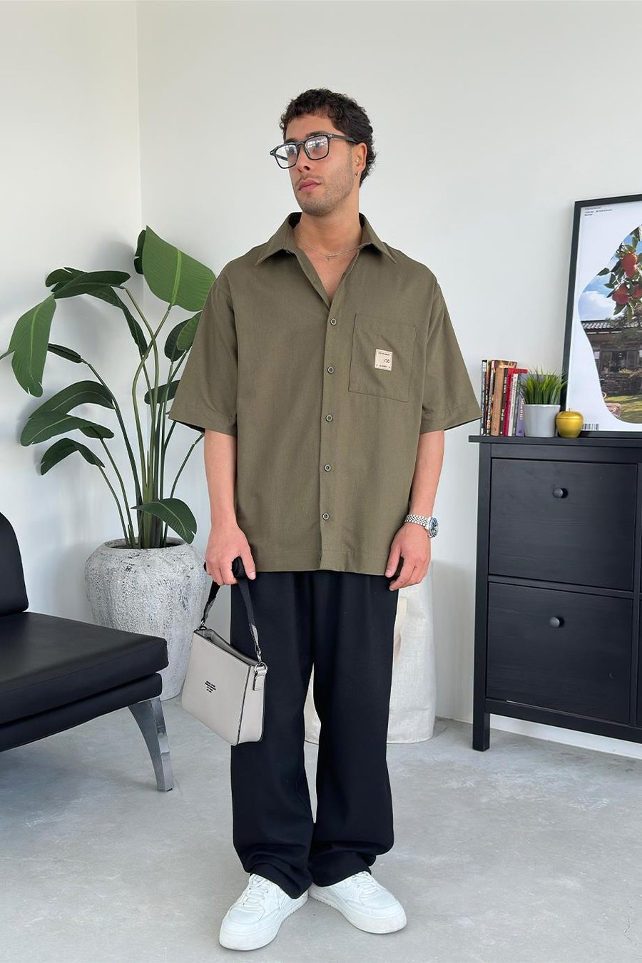 Haki Basic Cep Patch Detay Kısa Kollu Oversize Gömlek