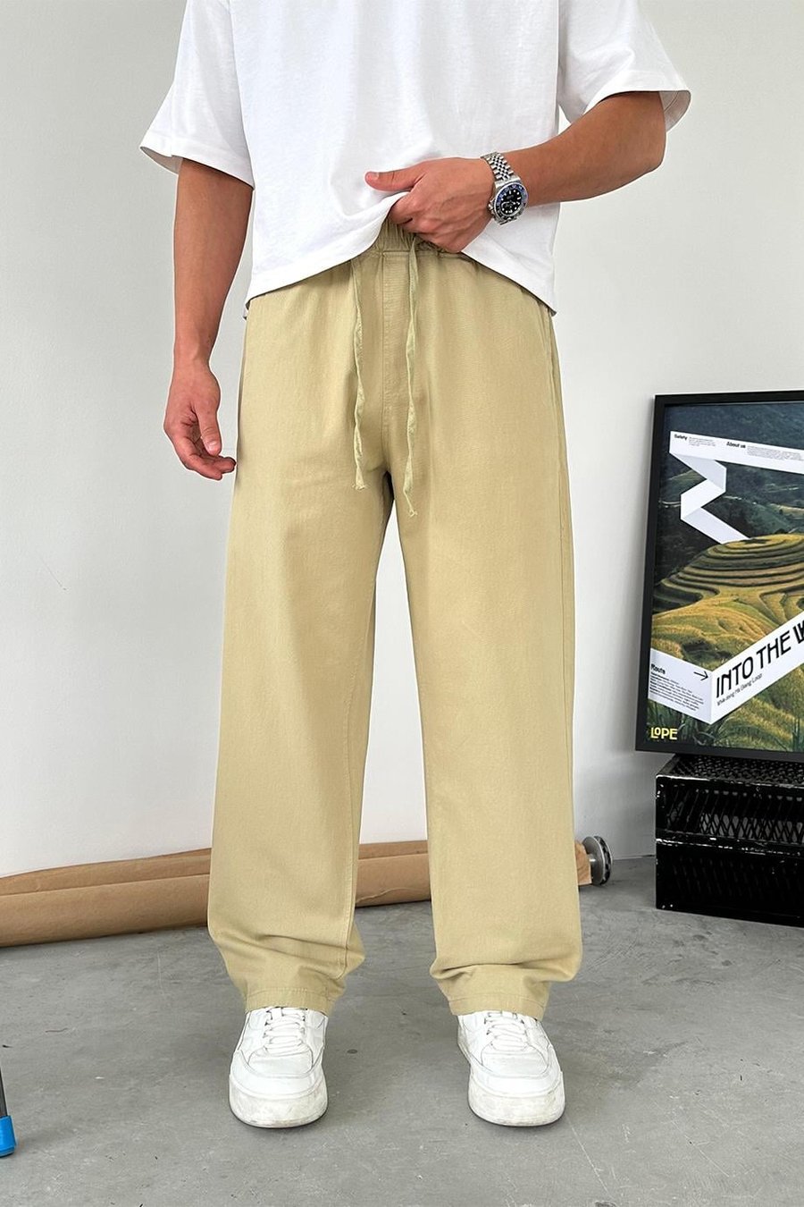 Haki Basic Gabardin Beli Lastikli Pantolon