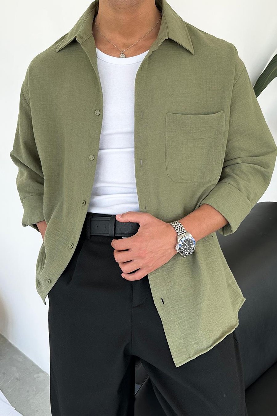 Haki Basic Ön Cep Detay Oversize Gömlek