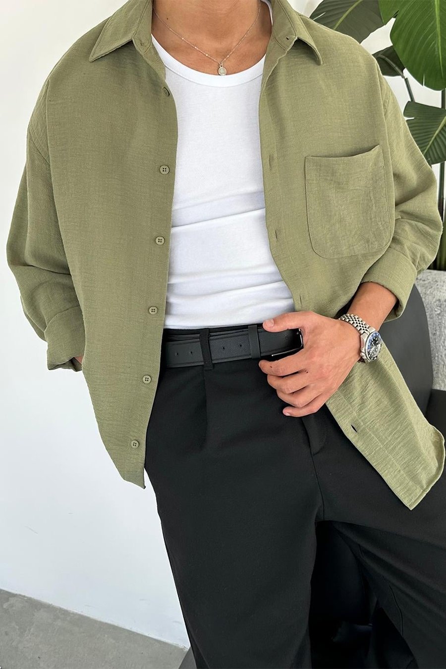 Haki Basic Ön Cep Detay Oversize Gömlek