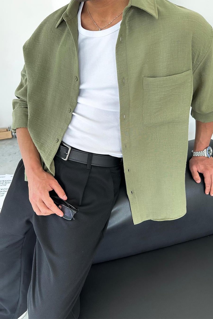 Haki Basic Ön Cep Detay Oversize Gömlek