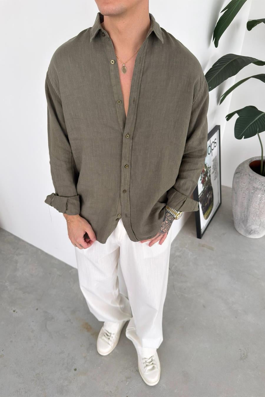 Haki Basic Relaxed Ham Keten Gömlek