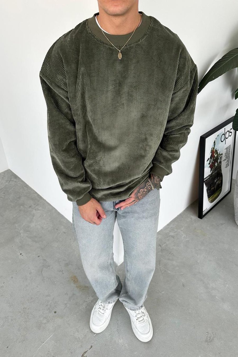 Haki Fitilli Kadife Basic Sweat