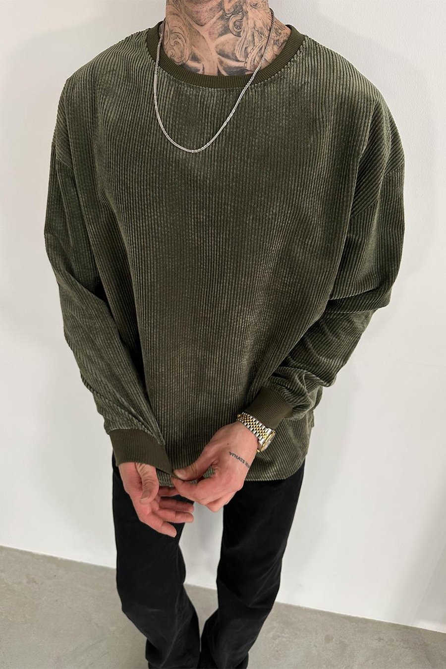 Haki Fitilli Kadife Basic Sweat