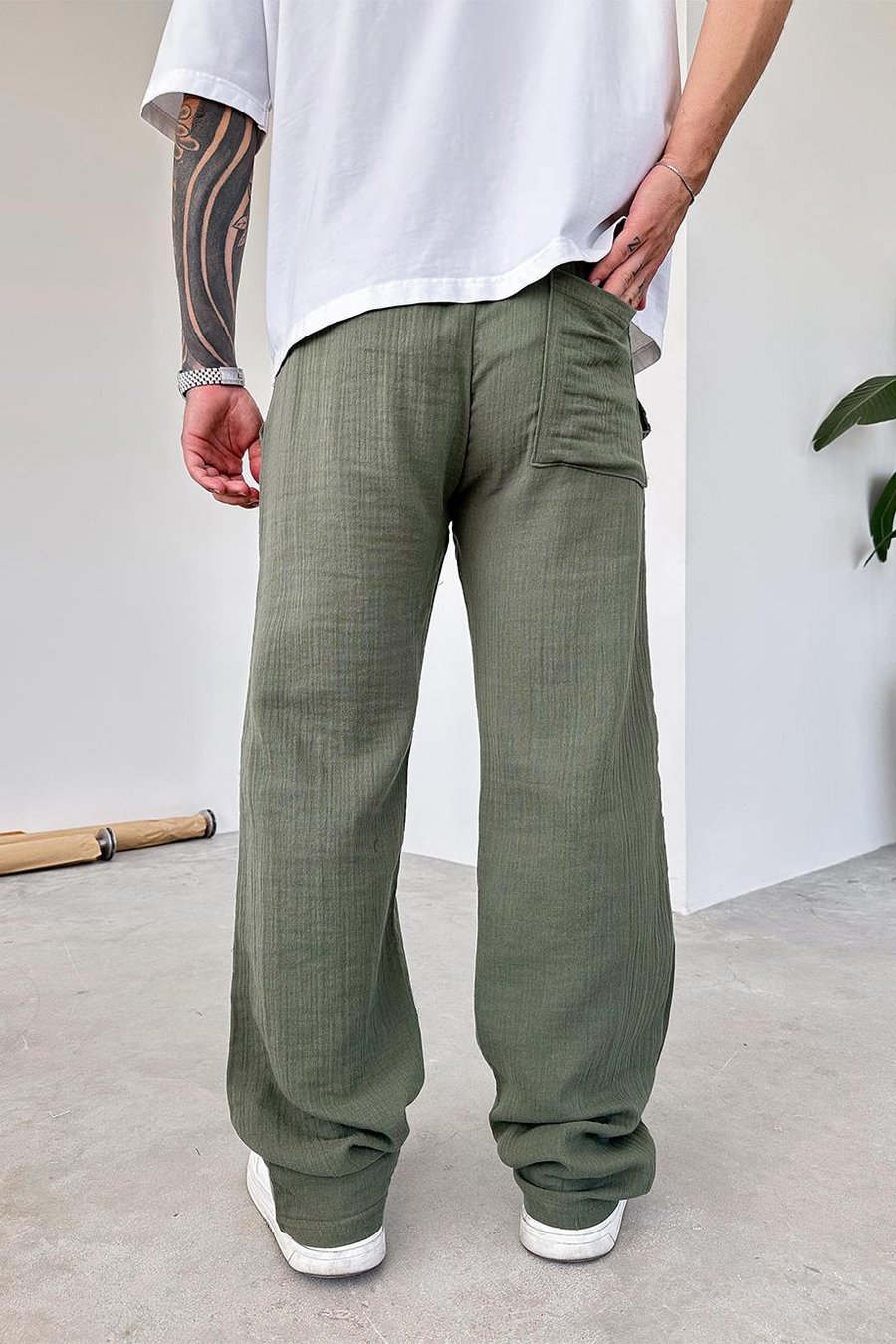 Haki Müslin Kumaş Premium Baggy Pantolon
