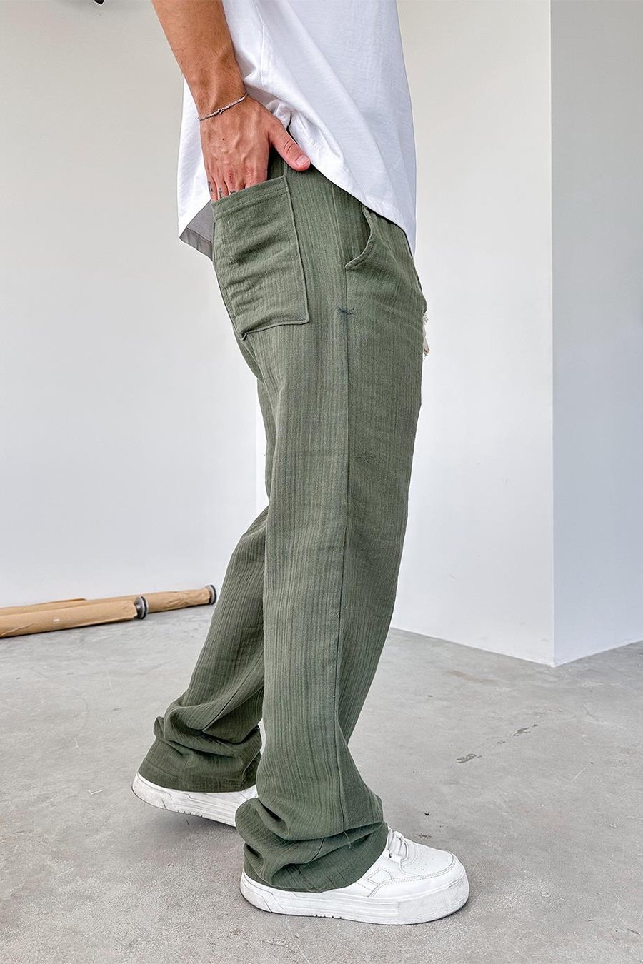 Haki Müslin Kumaş Premium Baggy Pantolon