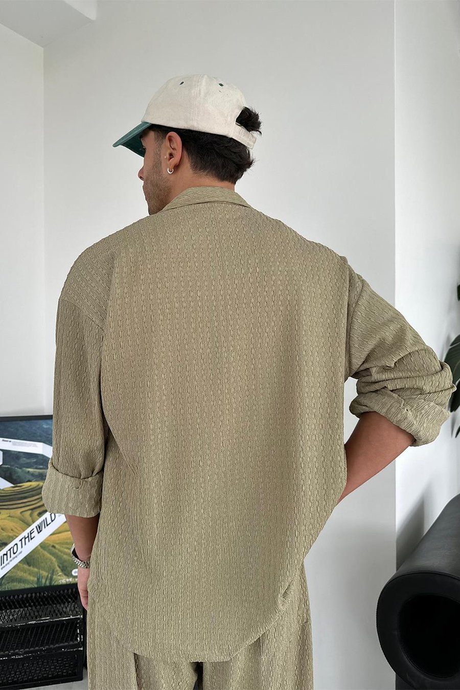 Haki Örme Desenli Relaxed Gömlek