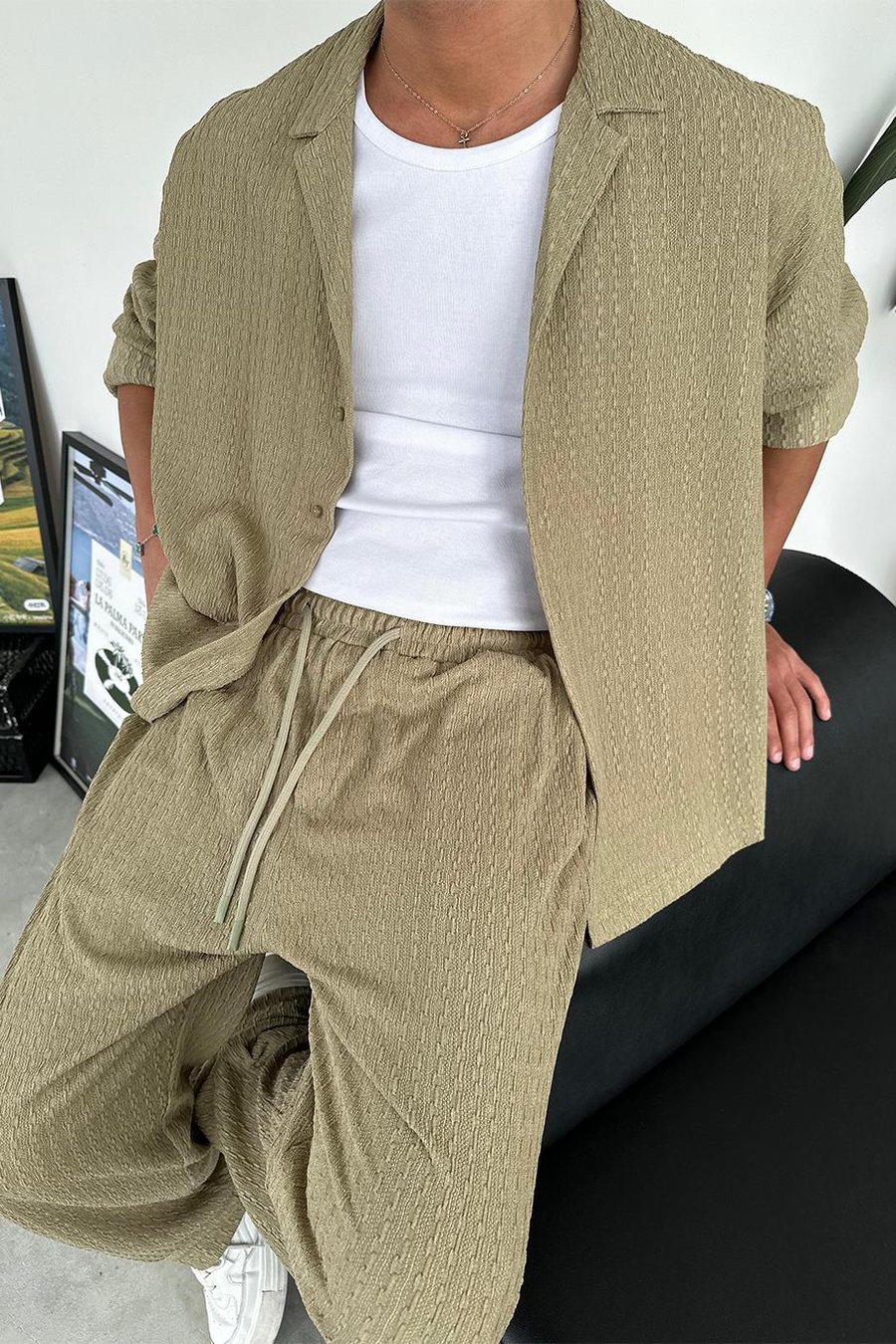 Haki Örme Desenli Relaxed Gömlek