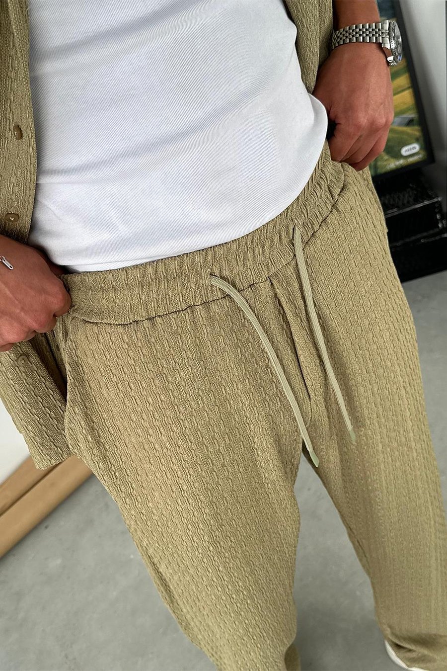Haki Örme Desenli Relaxed Pantolon
