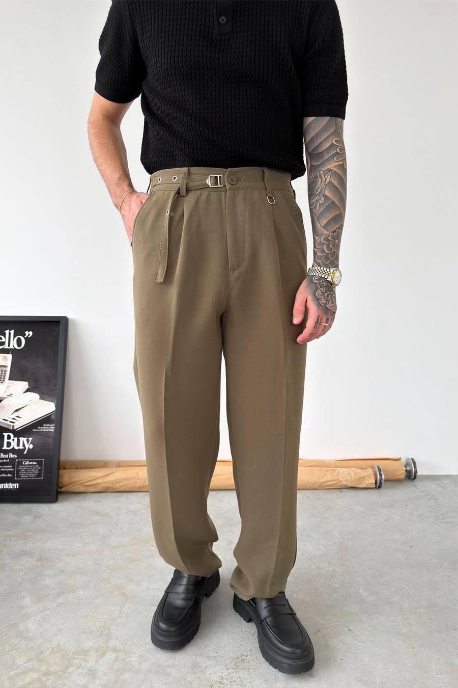 Haki Pile Detay Kemerli Baggy Kumaş Pantolon