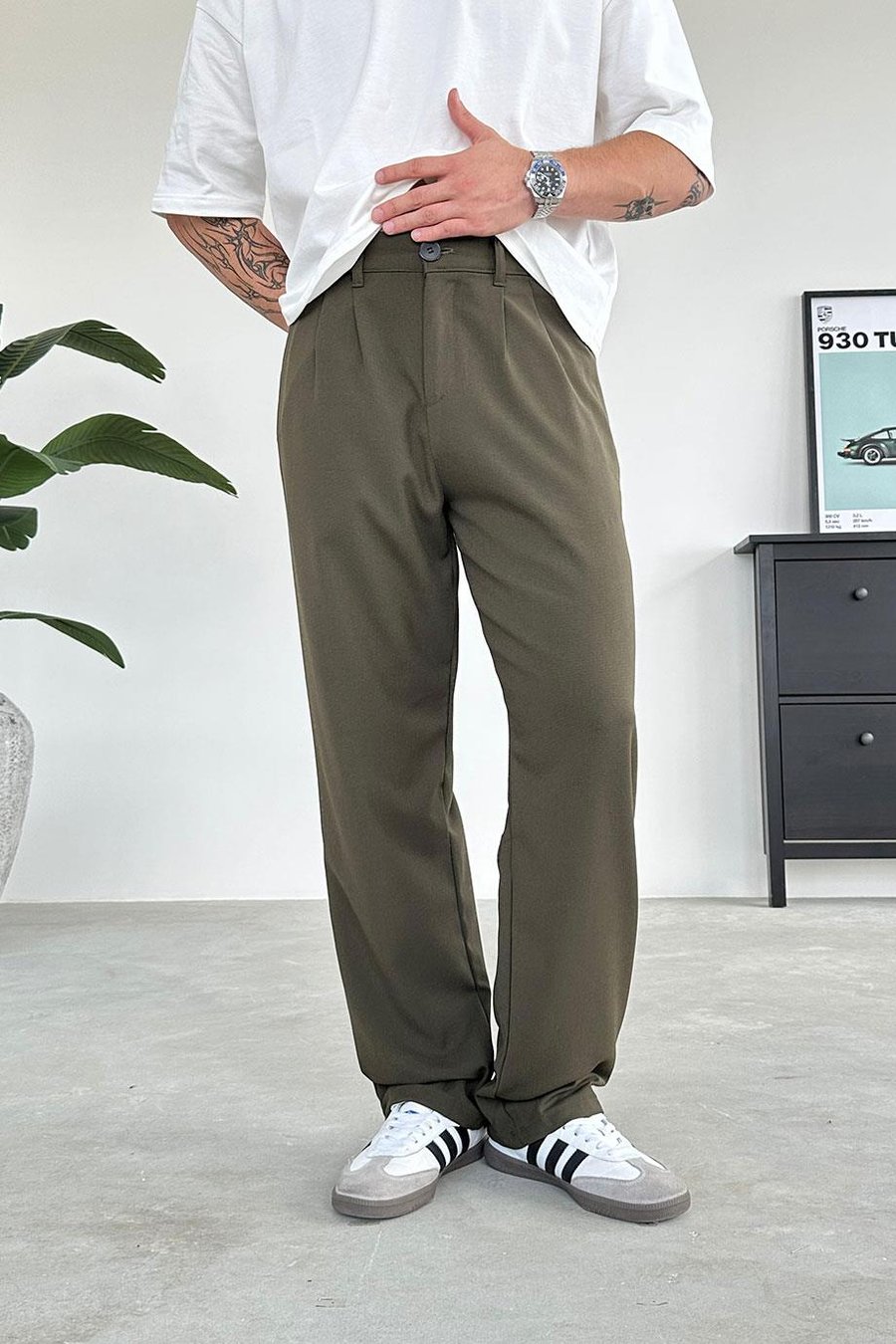 Haki Pile Detay Kumaş Baggy Pantolon