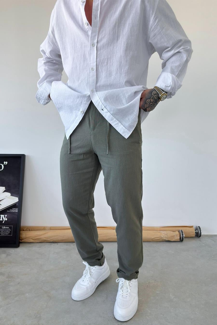 Haki Premium Regular Keten Pantolon
