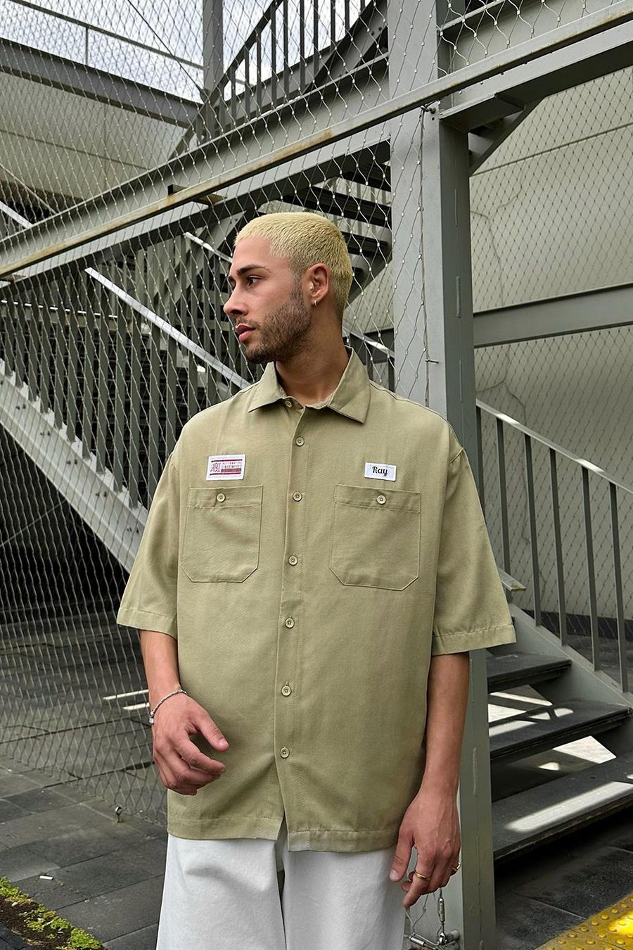 HAKİ Ray Nakış Detay Çift Cepli BS Oversize Gömlek