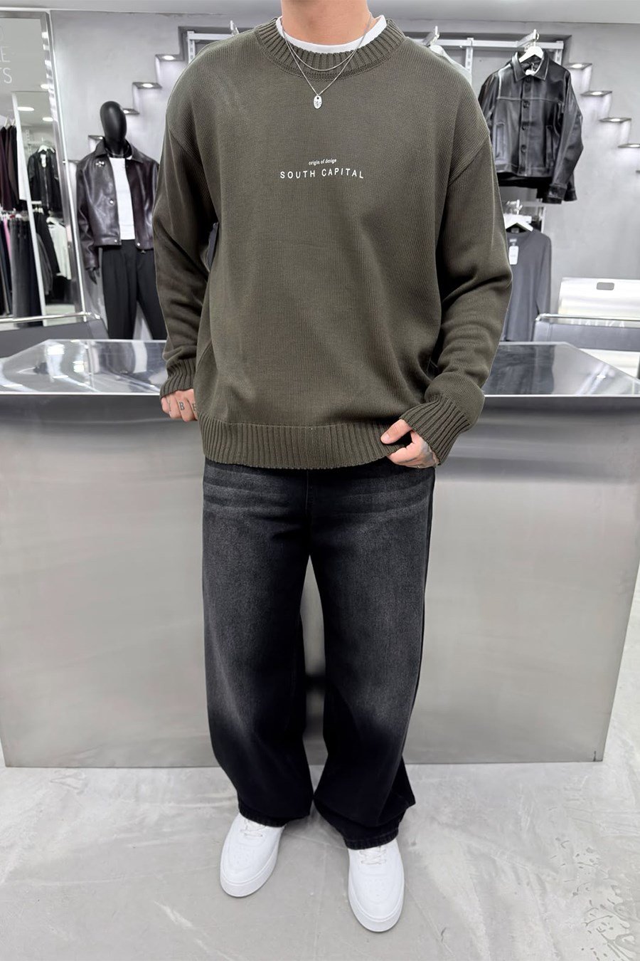 Haki South Baskılı Oversize Kazak