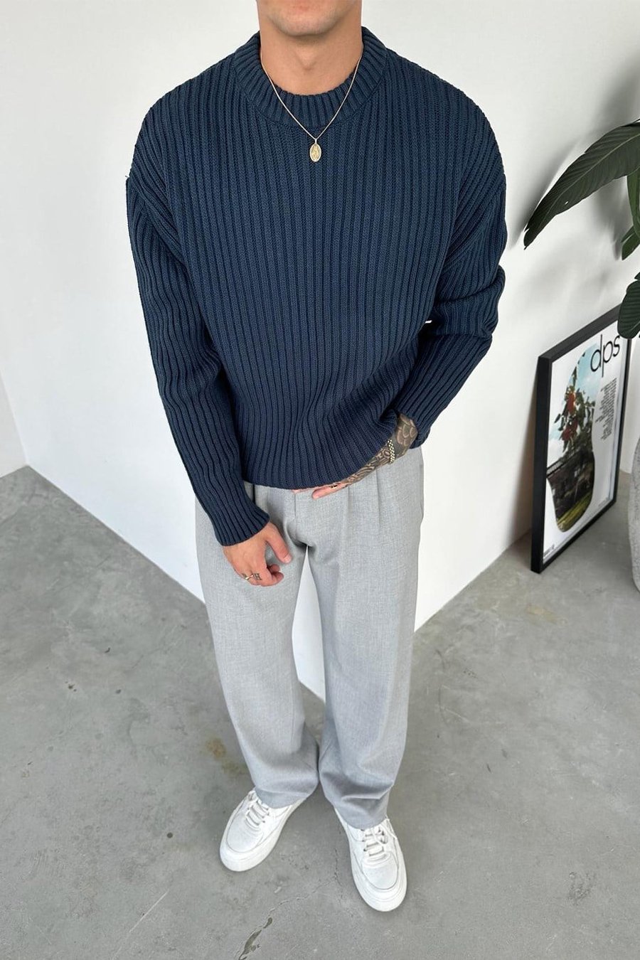 İndigo Bisiklet Yaka Fitilli Oversize Triko Kazak