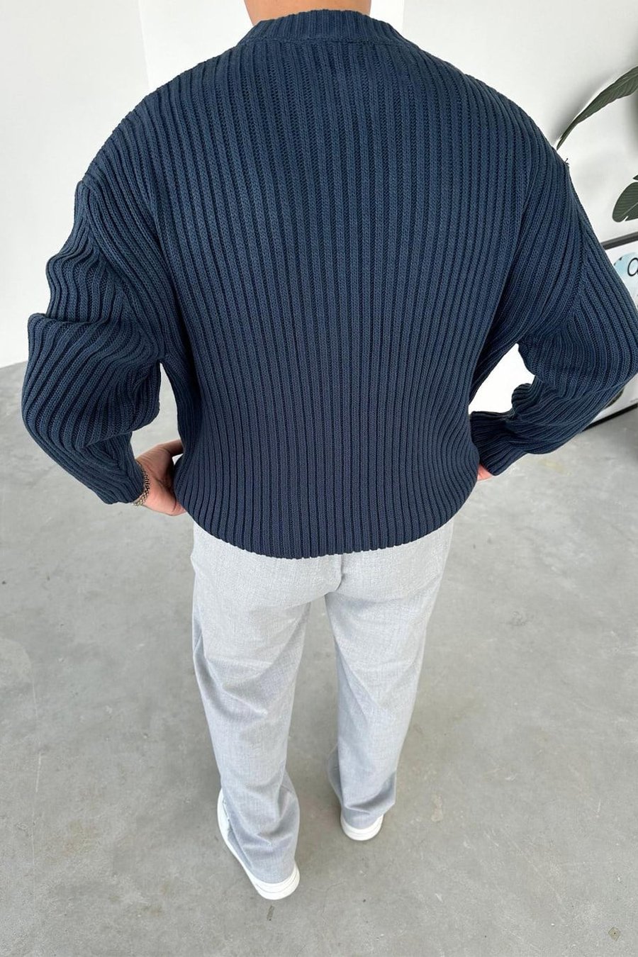 İndigo Bisiklet Yaka Fitilli Oversize Triko Kazak