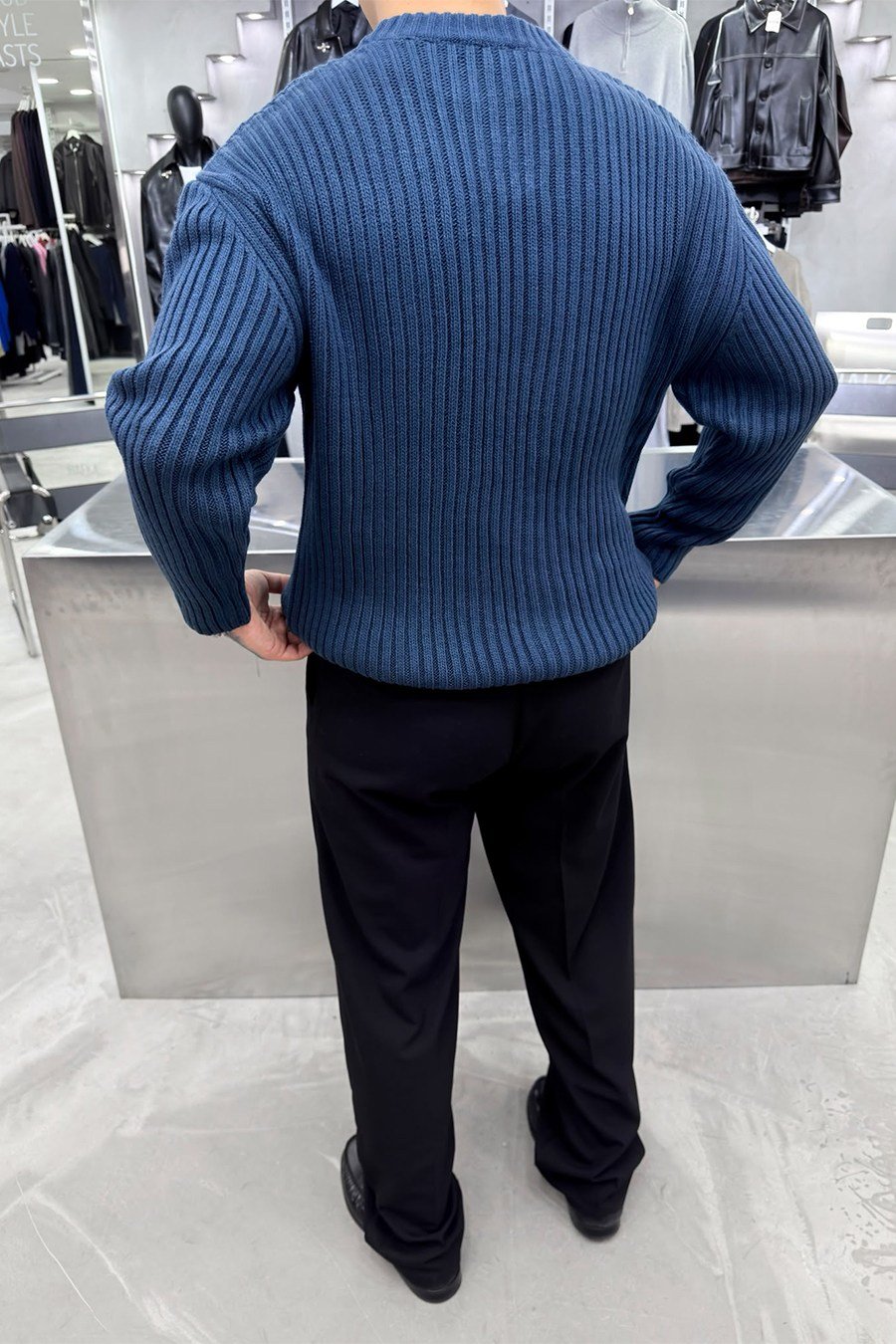 İndigo Bisiklet Yaka Fitilli Oversize Triko Kazak