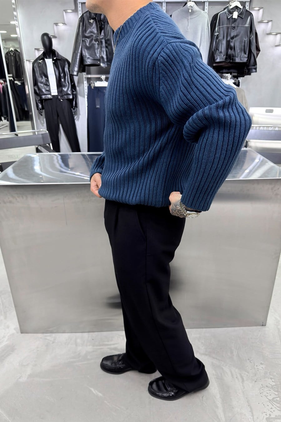 İndigo Bisiklet Yaka Fitilli Oversize Triko Kazak