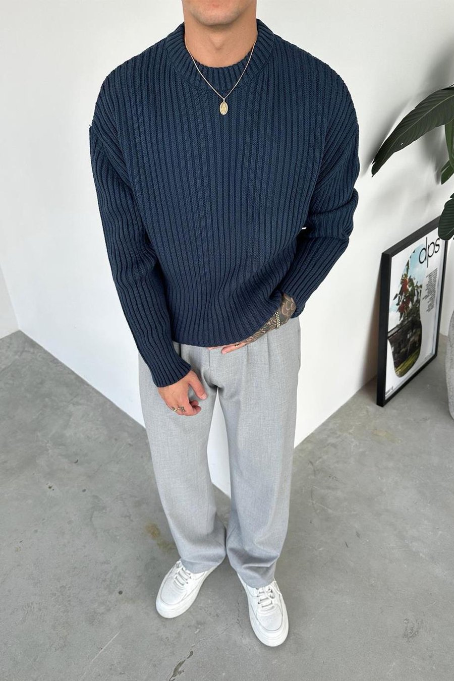 İndigo Bisiklet Yaka Fitilli Oversize Triko Kazak