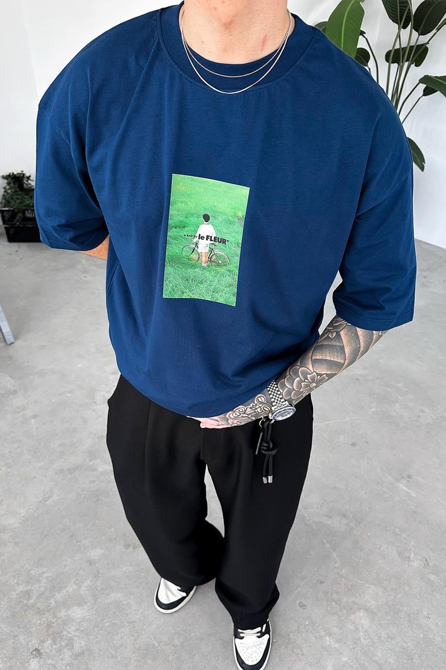 İndigo Fleur Baskılı Oversize Tişört