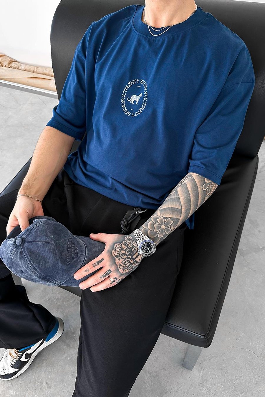 İndigo Minimal Tiger Baskılı Oversize Tişört