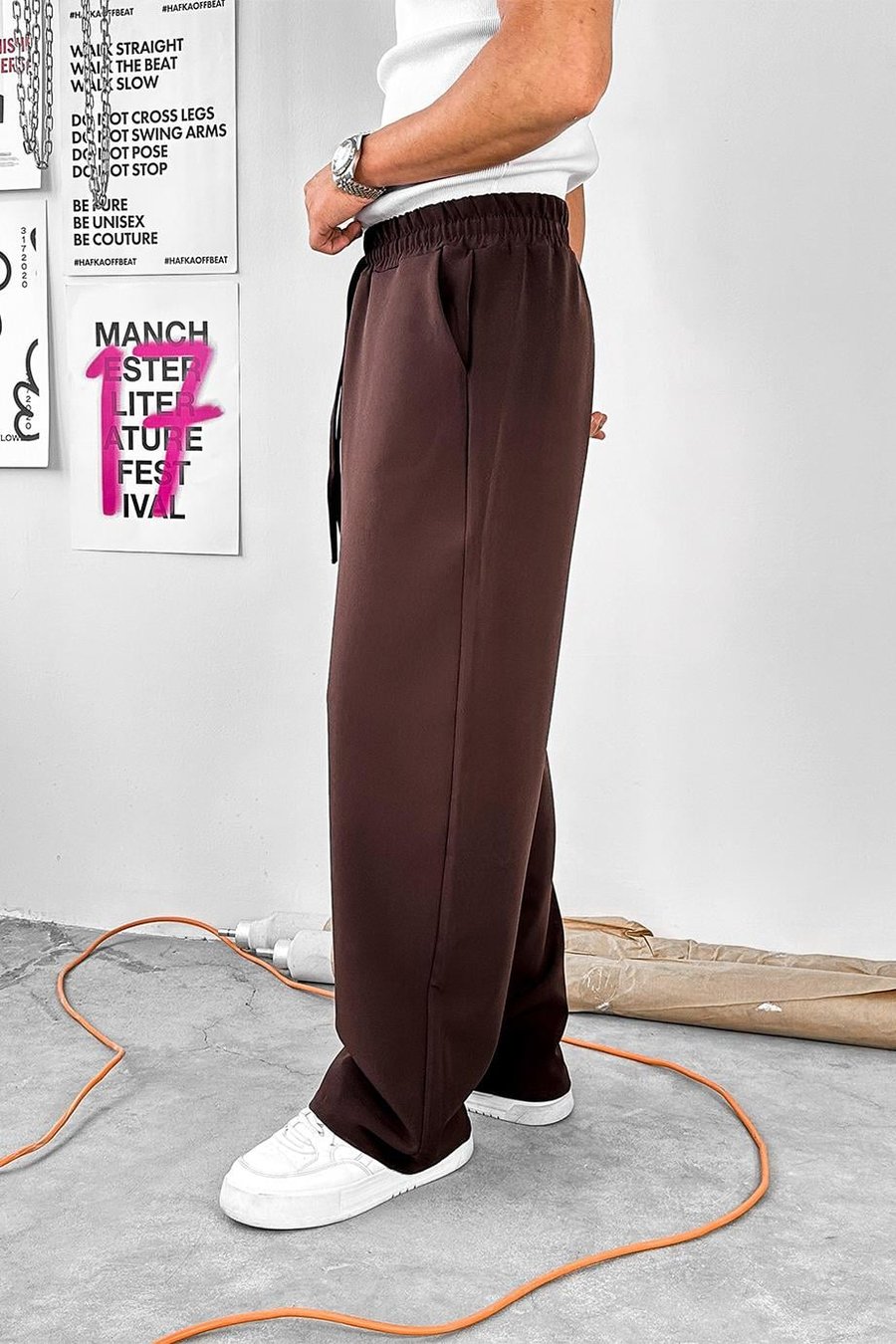 Kahverengi Basic Beli Lastikli Baggy Kumaş Pantolon