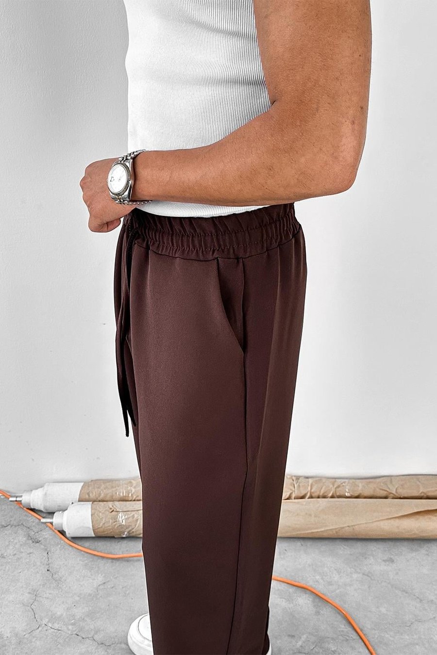 Kahverengi Basic Beli Lastikli Baggy Kumaş Pantolon