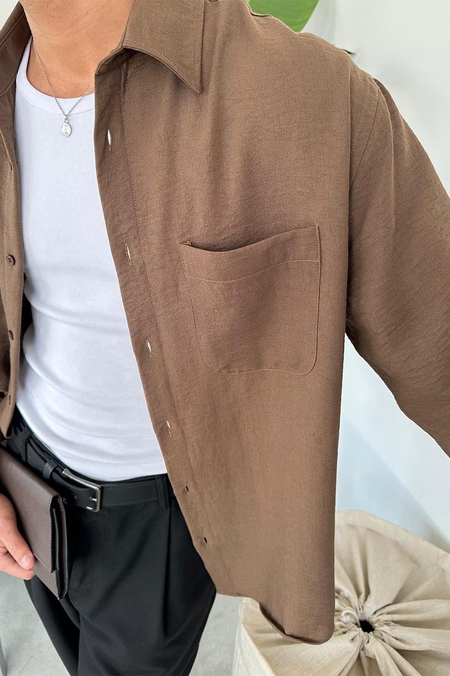 Kahverengi Basic Ön Cep Detay Oversize Gömlek